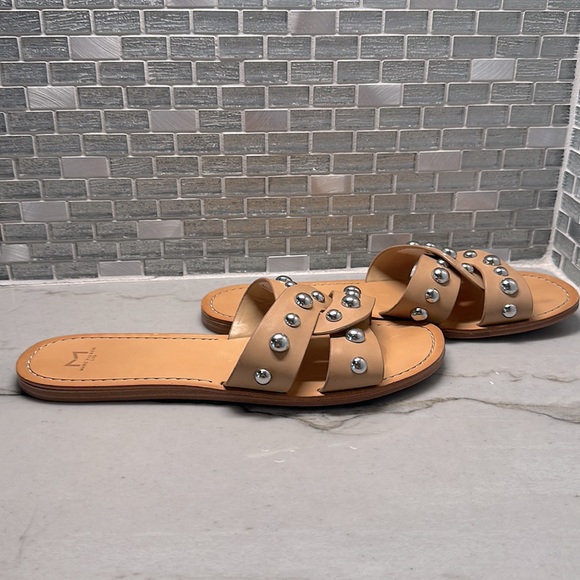 Marc Fisher tan leather slide sandals with silver grommet accents. Size 9.5. - Picture 3 of 5
